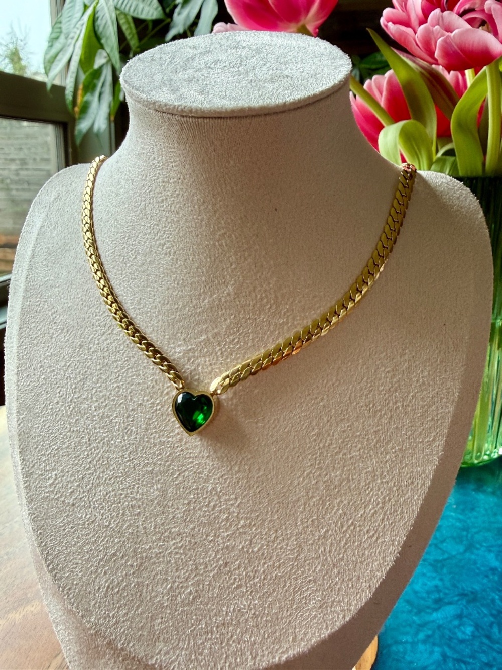 Green Bezel Heart Pendant Necklace